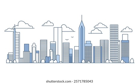 Cityscape Skyscrapers Building Landscape in City Town with Line Outline Design Style