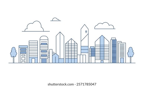 Cityscape Skyscrapers Building Landscape in City Town with Line Outline Design Style