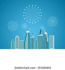 Cityscape, Skyscrapers with celebration fireworks background. Vector Illustration.