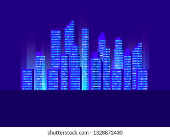 Cityscape with skyscrapers. Cities of the future. Retro futuristic city. Cyberpunk and retrowave style. Vector illustration