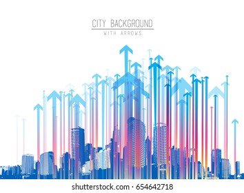 Cityscape with skyscrapers and colorful arrow pattern.