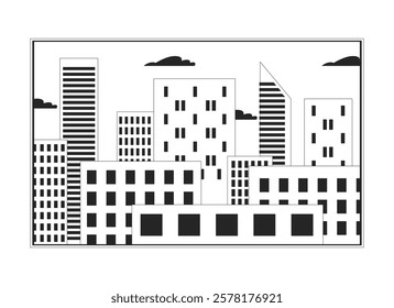 Cityscape skyscrapers frame black and white 2D line object. City buildings window rectangle. Town skyline downtown district isolated clip art vector outline item. Monochromatic spot illustration