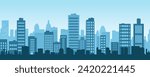 Cityscape with skyscrapers and office buildings. Panoramic landscape of the metropolis. Silhouettes of a modern city. Business district of the city. Vector illustration for design in flat style.