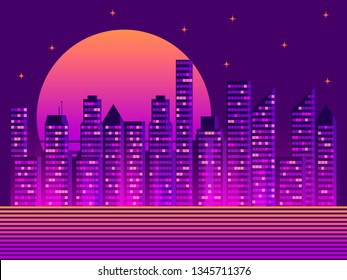 Cityscape with skyscrapers in the style of the 80s. Retro futurism. City sunset. Light in the windows. Vector illustration