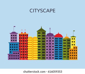 Cityscape with skyscrapers. View of modern city with tall buildings. EPS10 vector illustration in flat style.