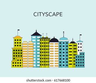 Cityscape with skyscrapers. View of modern city with tall buildings. EPS10 vector illustration in flat style.
