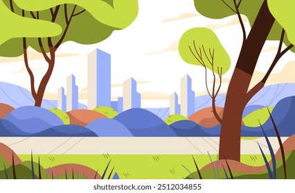 Cityscape with skyscrapers viewed from a park with trees hills and greenery under a bright sky