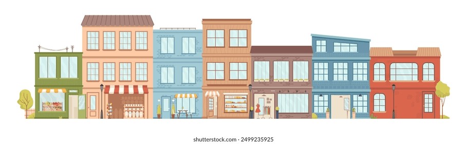 Cityscape with small business shops, isolated city landscape with houses and trees. Vector buildings and residential blocks or units exterior and facade. Architecture of downtown or suburbs skyline