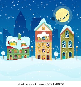 Cityscape Snowfall, Houses and Santa with Reindeers Greeting Card. Vector background