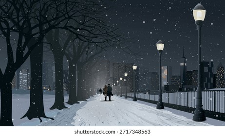 Stadtlandschaft mit Schneefall im Winter in der Nacht haben die Menschen im öffentlichen Park nach der Arbeit zu Fuß nach Hause grafische Illustration.