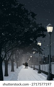 Stadtlandschaft mit Schneefall im Winter in der Nacht vertikale Vorlage haben Menschen im öffentlichen Park zu Fuß nach Hause nach der Arbeit grafische Illustration.