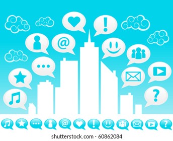 Cityscape and social icons.