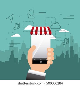 cityscape with social marketing icons vector illustration design