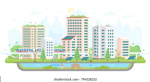 Cityscape with solar panels - modern flat design style vector illustration on white background. Lovely housing complex with skyscrapers, train, pond, people, trees, lantern. Eco-friendly place concept