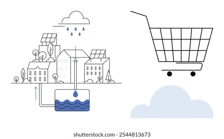 A cityscape with solar panels, rainwater harvesting system, and a shopping cart. Ideal for sustainability, renewable energy, eco-friendly living, urban planning, water conservation. Simple, clean