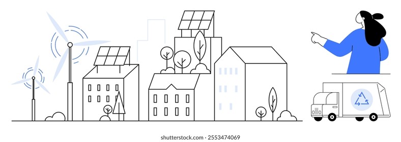 Cityscape with solar panels, wind turbines, recycling truck and individual. Ideal for promoting renewable energy, sustainability, urban development, green living and environmental awareness. Simple