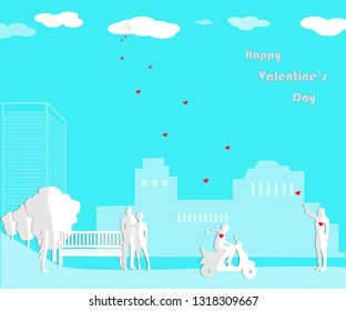 cityscape. St. Valentine sends signals in the form of hearts for lovers.