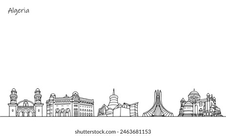 Cityscape of a state in North Africa. Sights and architecture of Algeria. Hand drawn black and white vector.