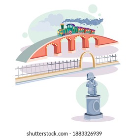 cityscape with a steam locomotive riding on a bridge, fence and monument, cartoon illustration, isolated object on a white background, vector illustration, eps