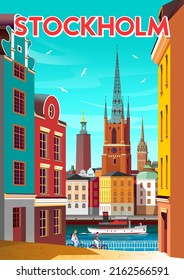 Stadtlandschaft von Stockholm mit historischen Gebäuden, Kirchen, Rathaus und Schiff auf dem Wasser. Handgefertigte Zeichenkette, Vektorgrafik. Retro-Poster.