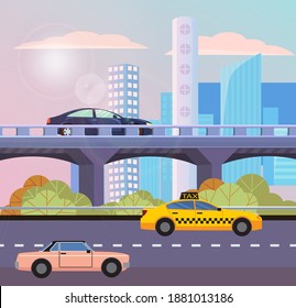 Cityscape with street with zebra vector, transportation cars on roads. Highway with automobile, skyscrapers and buildings lorry taxi illustration in flat style design for web, print