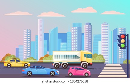 Cityscape with street with zebra vector, transportation cars on roads. Traffic lights and bridge with automobile, skyscrapers and buildings lorry taxi illustration in flat style design for web, print