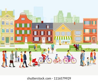 Cityscape with stroller and cyclist 