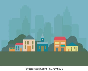 Cityscape and suburban area with buildings, trees