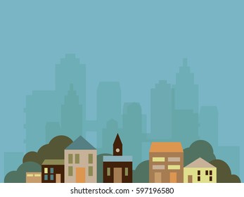 Cityscape and suburban area with buildings, trees, in brown color. Vector image of city infrastructure