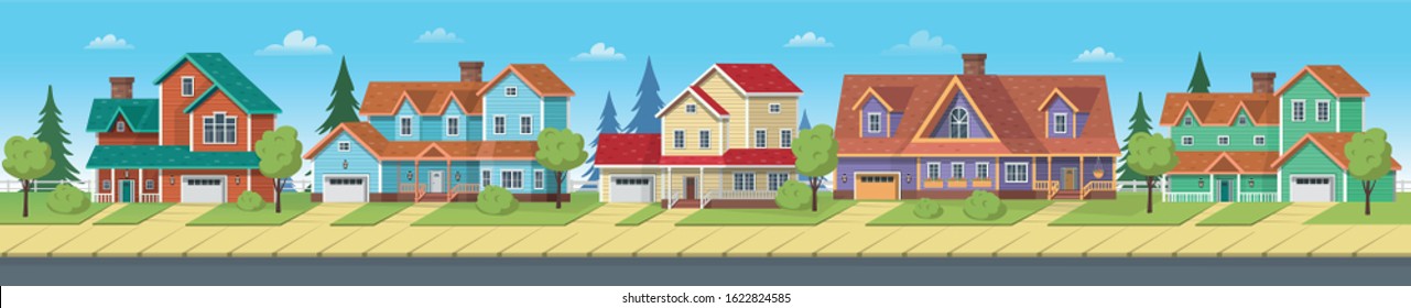 Cityscape with suburban houses, cottages and villas. Vector cartoon illustration for games or animation. Layered background. 