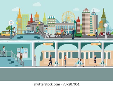 Cityscape with subway train station platform  under city street with people enter subway station flat vector illustration.