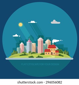Cityscape - summer. Country house on a background of a big city. Flat style vector illustration.