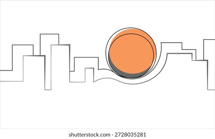 Cityscape and sun continuous line sketch minimalist design sign symbol icon. Orange disk and city skyline one line art outline logo. Doodle line abstract background. Vector illustration.