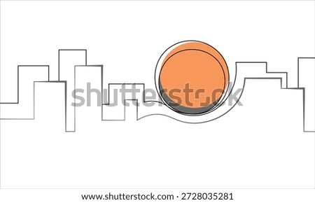 Cityscape and sun continuous line sketch minimalist design sign symbol icon. Orange disk and city skyline one line art outline logo. Doodle line abstract background. Vector illustration.