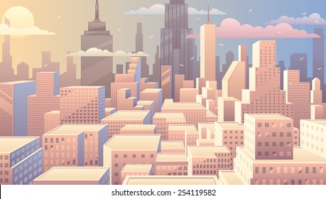 Cityscape at sunrise. Basic (linear) gradients used. No transparency. 