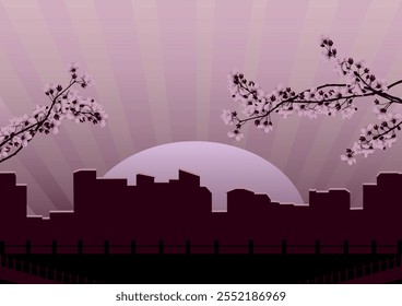 Cityscape at sunset behind cherry blossoms