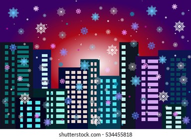 Cityscape at sunset. Christmas winter background