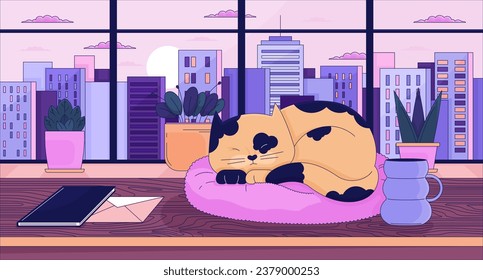 Cityscape sunset cozy desk with sleeping cat lofi wallpaper. Workplace table kitten sleepy 2D character cartoon flat illustration. Hygge office chill vector art, lo fi aesthetic colorful background