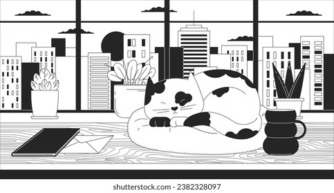 Cityscape sunset cozy desk with sleeping cat black and white lofi wallpaper. Table kitten sleepy 2D outline character cartoon flat illustration. Hygge office vector line lo fi aesthetic background