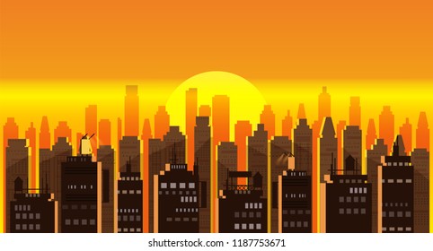 Cityscape sunset. Modern city skyline panoramic vector background. Urban city tower skyscrapers skyline illustration, isolated, illustration