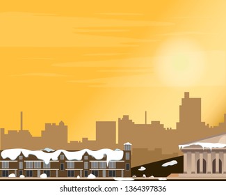 Cityscape at sunset. Panorama of the street. Winter. Vector illustration.