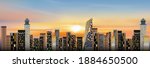 Cityscape with sunset sky background,Dramatic sunrise over the City,Twilight skyline landscape with yellow, orange and blue sky in the town,Vector mesh horizon skyscraper, sunrise for Spring or Summer