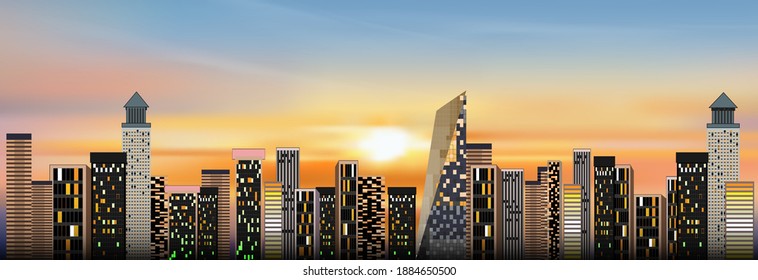 Cityscape with sunset sky background,Dramatic sunrise over the City,Twilight skyline landscape with yellow, orange and blue sky in the town,Vector mesh horizon skyscraper, sunrise for Spring or Summer