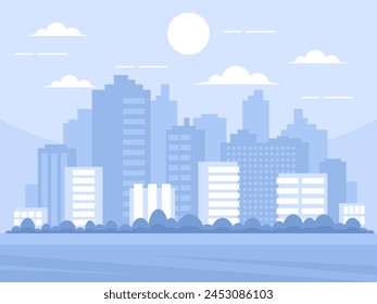 Cityscape. Sunset or sunrise. Modern city skyscrapers panorama of tall buildings, urban background. Vector graphics