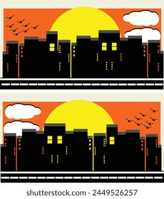 Cityscape and sunset. Vector illustration in flat style. Cityscape background.