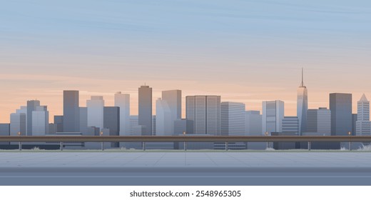 Cityscape sunset view from sidewalk have silhouette skyscraper and vanilla sky background graphic illustration.