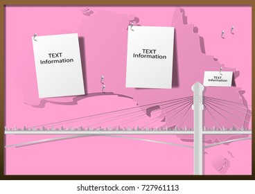 Cityscape of Suspension bridge and map in paper style on pink billboard with white paper and pushpin for image or text,vector illustration.