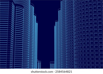 A cityscape with tall buildings and a blue sky. The buildings are lit up and the sky is dark