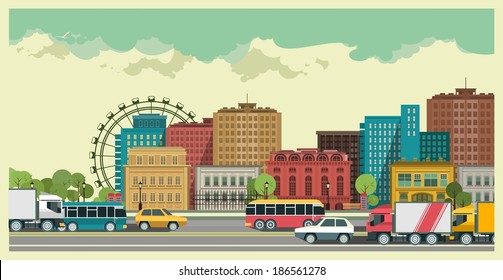 cityscape with tall buildings and road transport