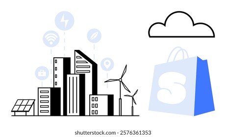 Cityscape with tall buildings, solar panels, wind turbines, and technology icons. Cloud and shopping bag symbolize modern conveniences. Simple and futuristic style. Ideal for smart city